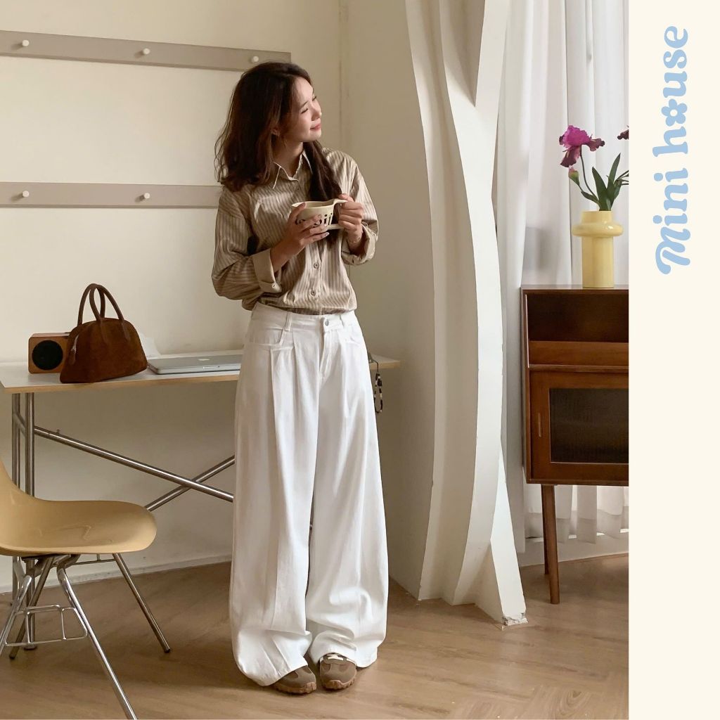 𝐌𝐢𝐧𝐢 𝐇𝐨𝐮𝐬𝐞 - Quần kaki xếp ly trắng White Jeans form ống rộng cho nữ | BigBuy360 - bigbuy360.vn