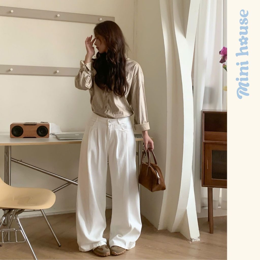 𝐌𝐢𝐧𝐢 𝐇𝐨𝐮𝐬𝐞 - Quần kaki xếp ly trắng White Jeans form ống rộng cho nữ | BigBuy360 - bigbuy360.vn