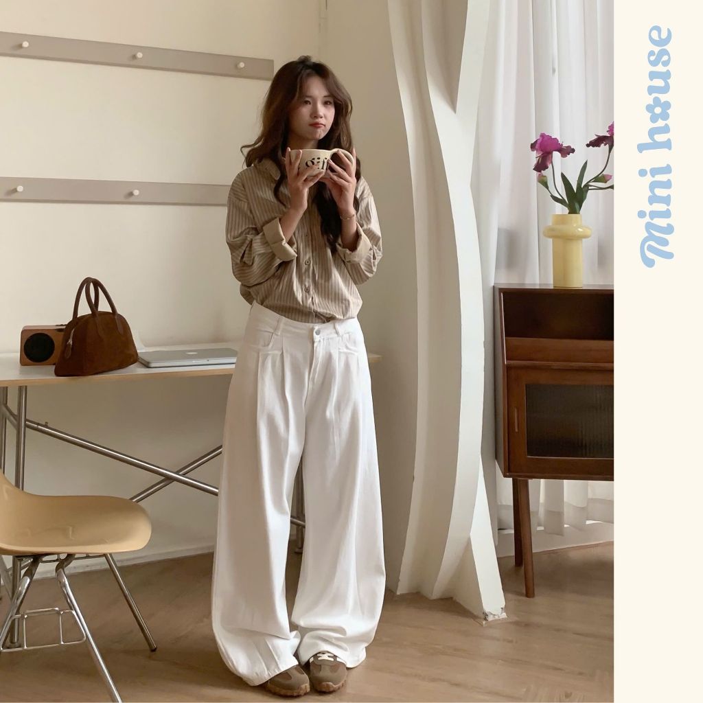 𝐌𝐢𝐧𝐢 𝐇𝐨𝐮𝐬𝐞 - Quần kaki xếp ly trắng White Jeans form ống rộng cho nữ | BigBuy360 - bigbuy360.vn