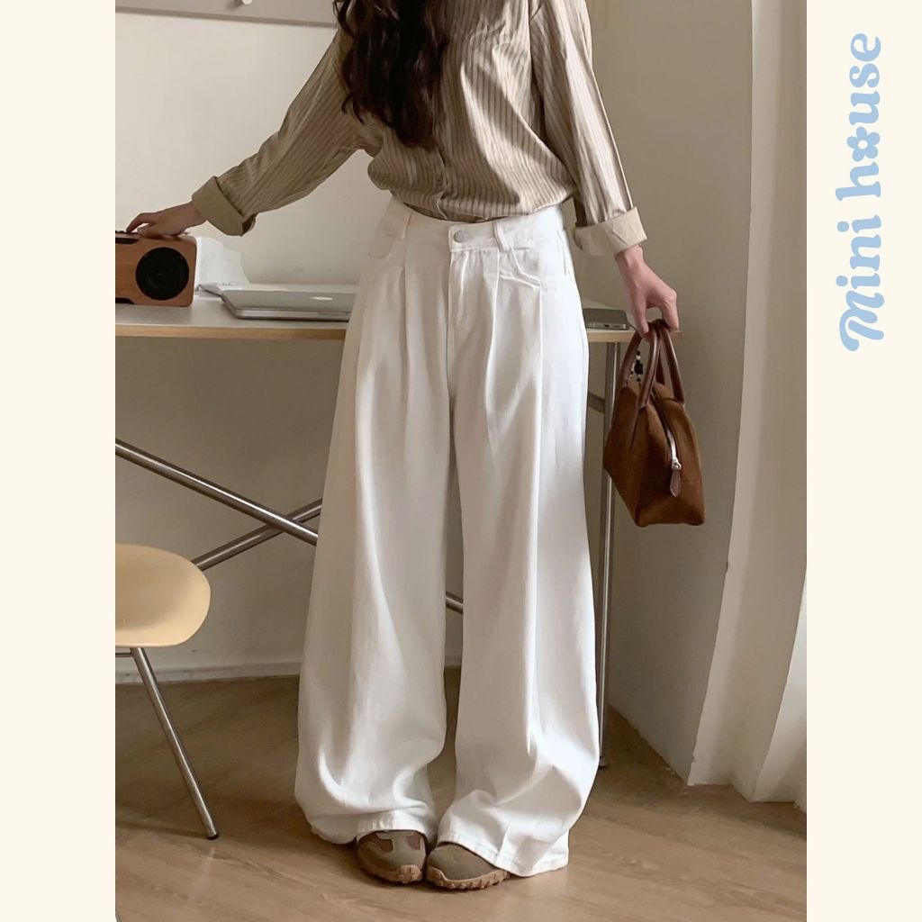 𝐌𝐢𝐧𝐢 𝐇𝐨𝐮𝐬𝐞 - Quần kaki xếp ly trắng White Jeans form ống rộng cho nữ