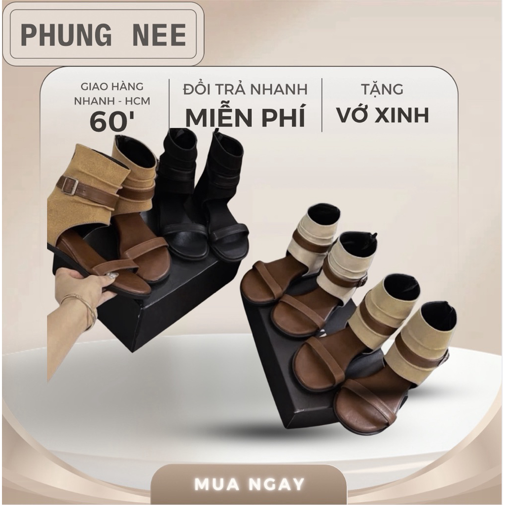 Dép Sandal Nữ Gladiator Cổ Cao Quai Ngang Cá Tính – 2 Màu Đen / Be