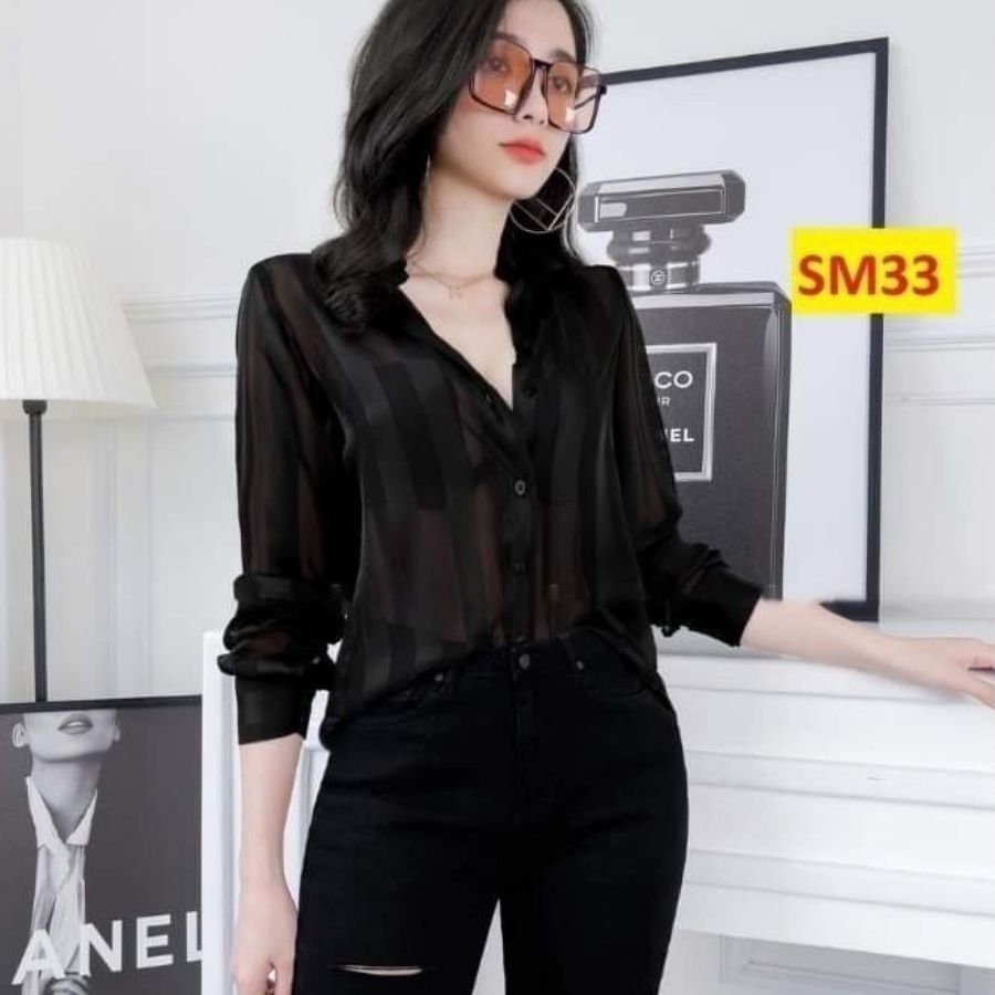 Áo sơ mi nữ Queen Shop SM33 đen lụa tằm dáng dài