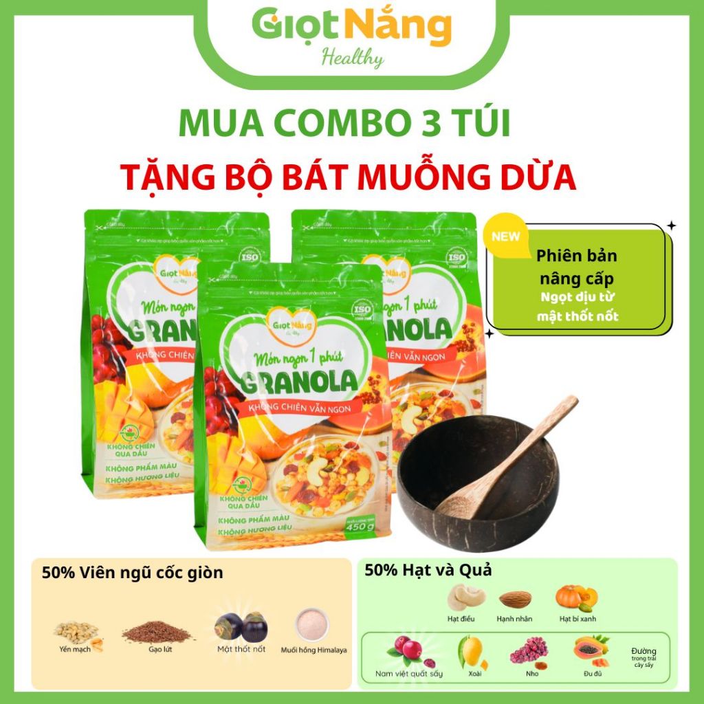 [Tặng Bát Muỗng Dừa] Combo 3 Túi Granola Mới Ngũ Cốc Ăn Sáng Healthy Lành Mạnh Từ Giọt Nắng