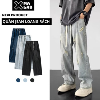 Quần jean rách ống rộng nam XMALAB quần bò rách ống suông cạp chun dây rút co giãn phong cách B133