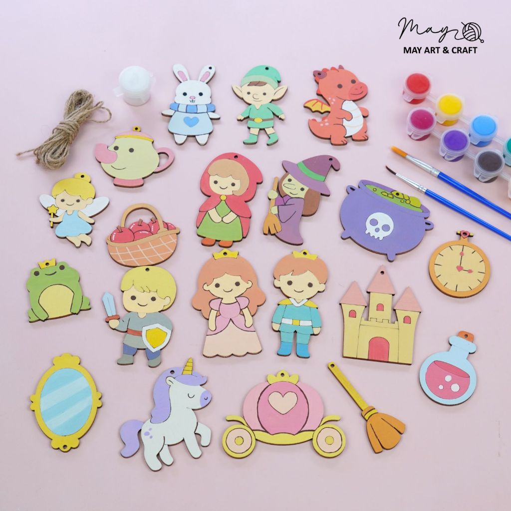 Set 20 hình gỗ tô màu cho bé Tiệm tạp hoá Nhà May đồ chơi DIY decor trang trí tặng 12 màu acrylic + 