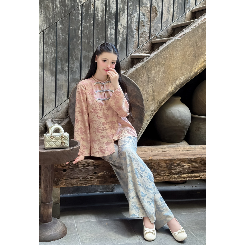 Pháp phục nữ chính hãng Giian thiết kế cổ tròn tay loe dài, tết dây ngực đính ngọc cách điệu, họa tiết in 3D SL0006 | BigBuy360 - bigbuy360.vn