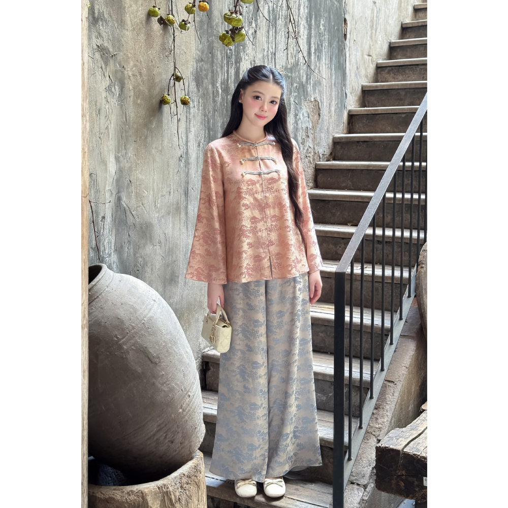 Pháp phục nữ chính hãng Giian thiết kế cổ tròn tay loe dài, tết dây ngực đính ngọc cách điệu, họa tiết in 3D SL0006 | BigBuy360 - bigbuy360.vn