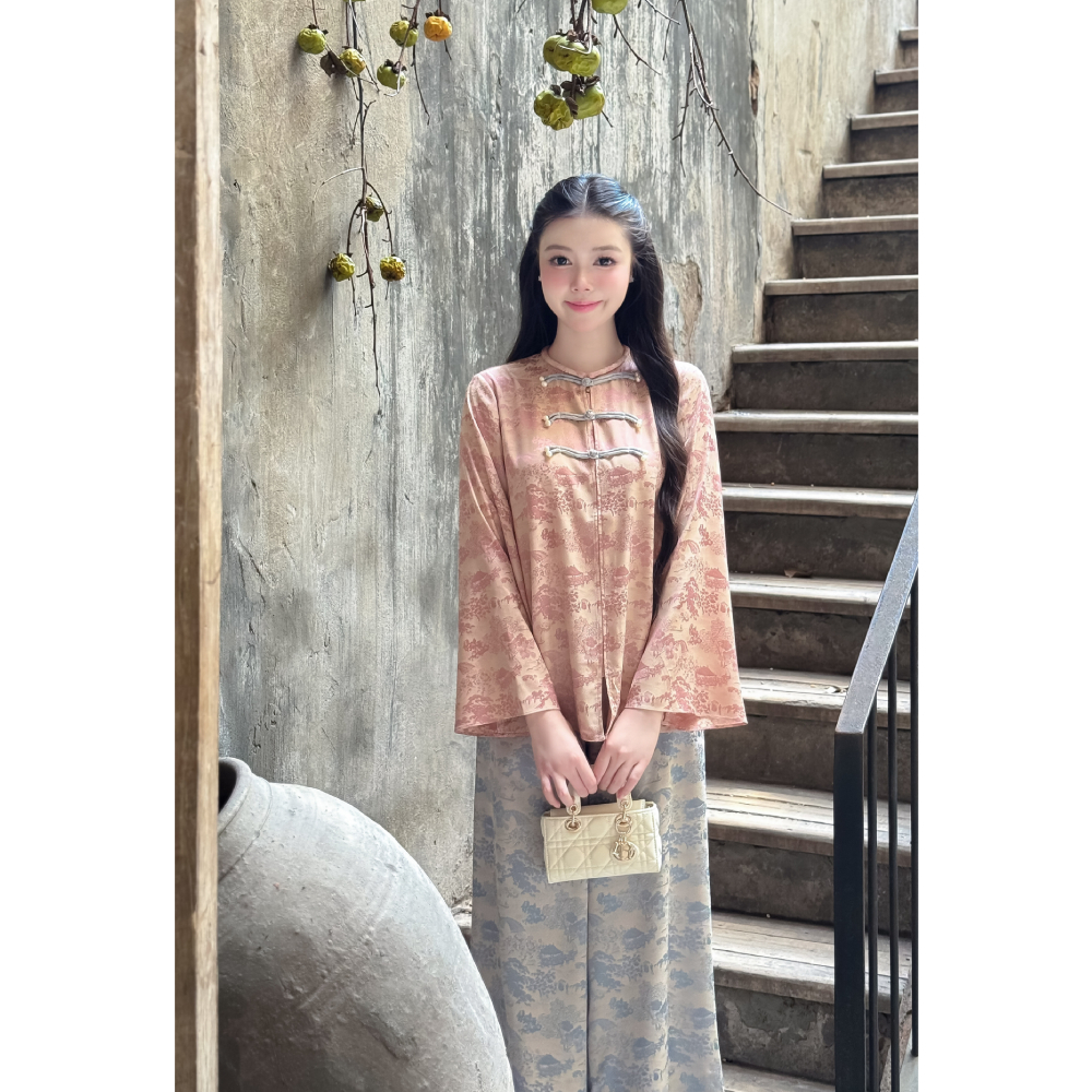 Pháp phục nữ chính hãng Giian thiết kế cổ tròn tay loe dài, tết dây ngực đính ngọc cách điệu, họa tiết in 3D SL0006 | BigBuy360 - bigbuy360.vn