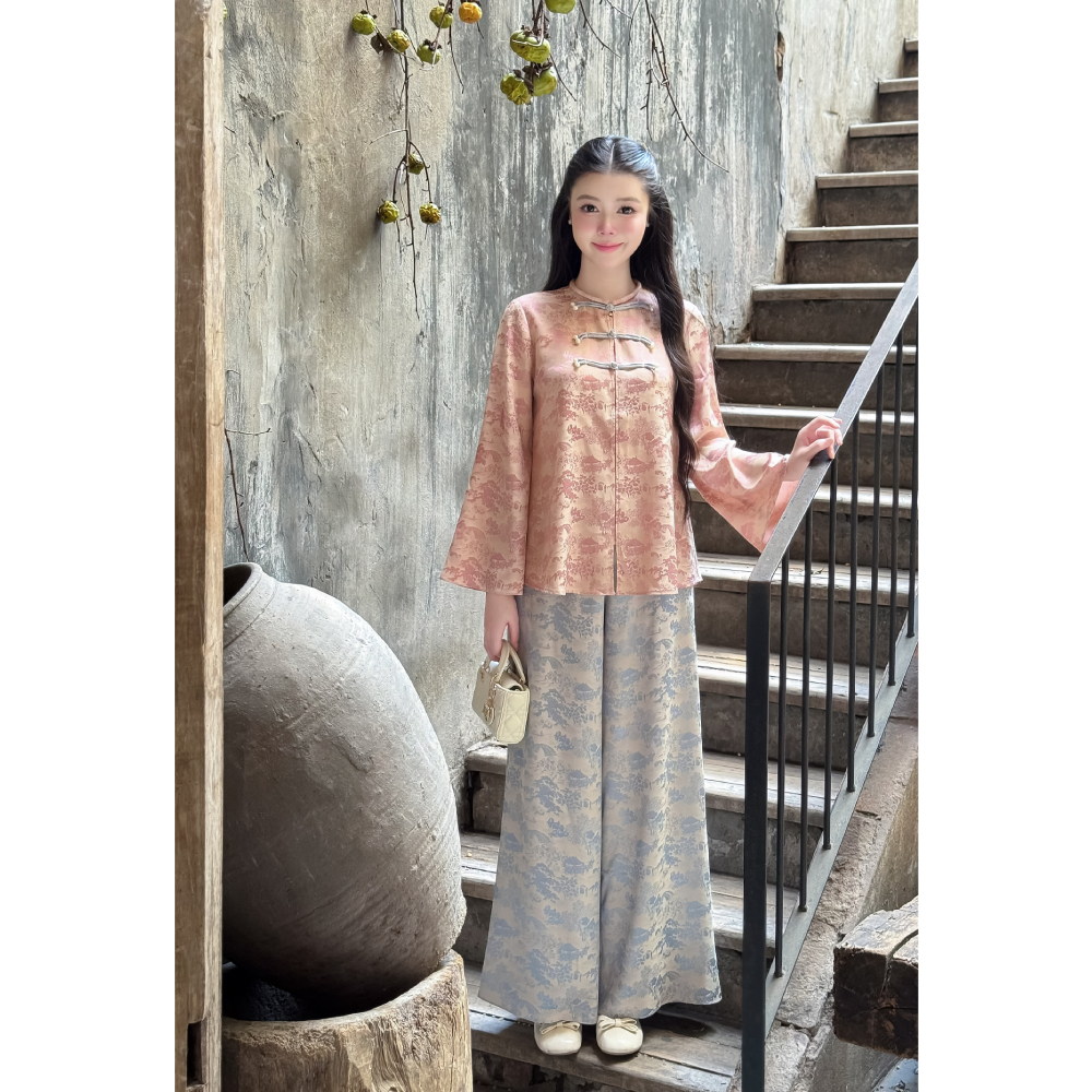 Pháp phục nữ chính hãng Giian thiết kế cổ tròn tay loe dài, tết dây ngực đính ngọc cách điệu, họa tiết in 3D SL0006 | BigBuy360 - bigbuy360.vn