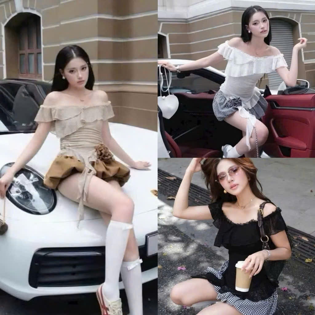 Set váy nữ, áo trễ vai bèo lai chất thun giấy phối chân váy bí kate họa tiết sọc caro có lót quần-MI