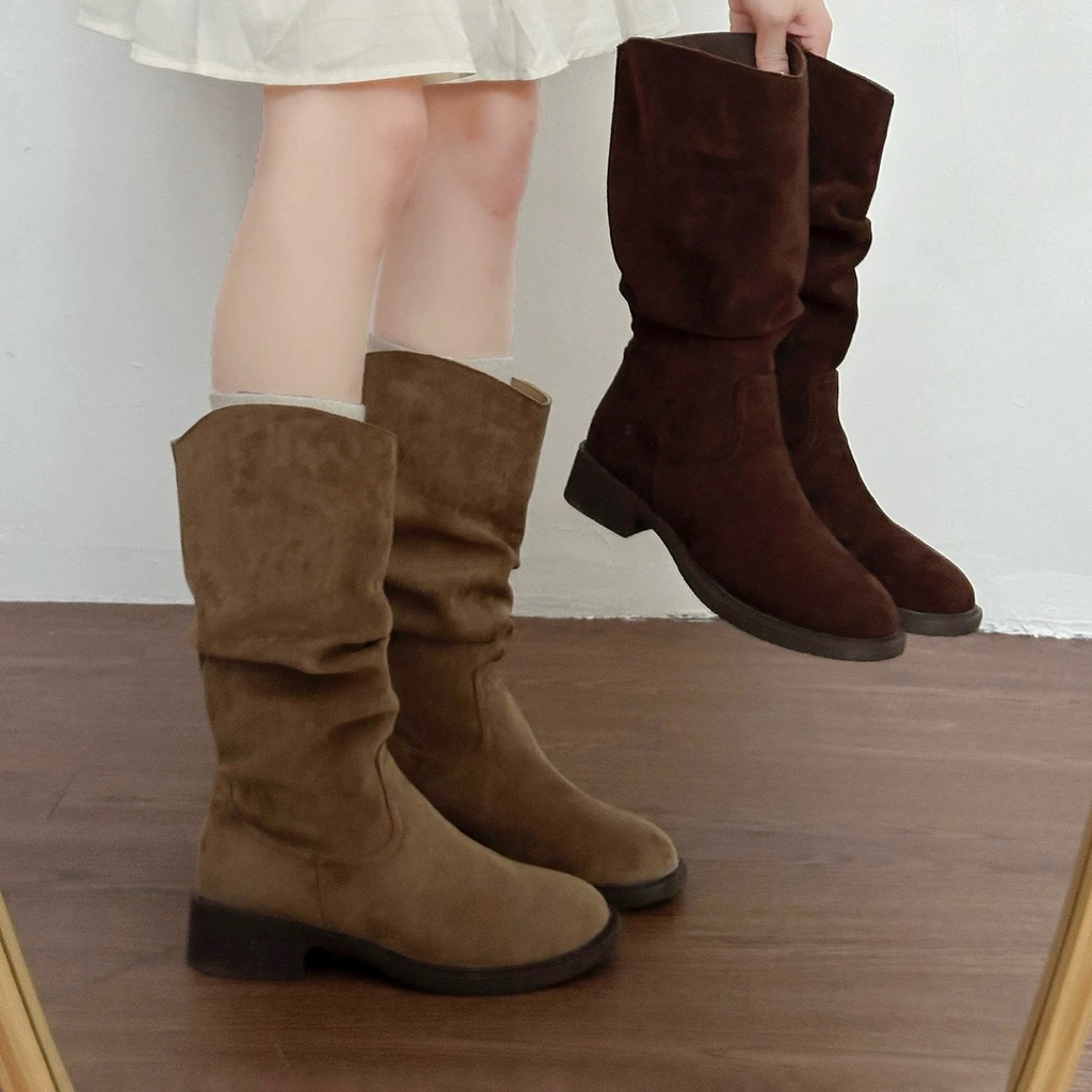 Boots nhăn da lộn cho nữ cổ ngắn không khoá đế cao 3cm
