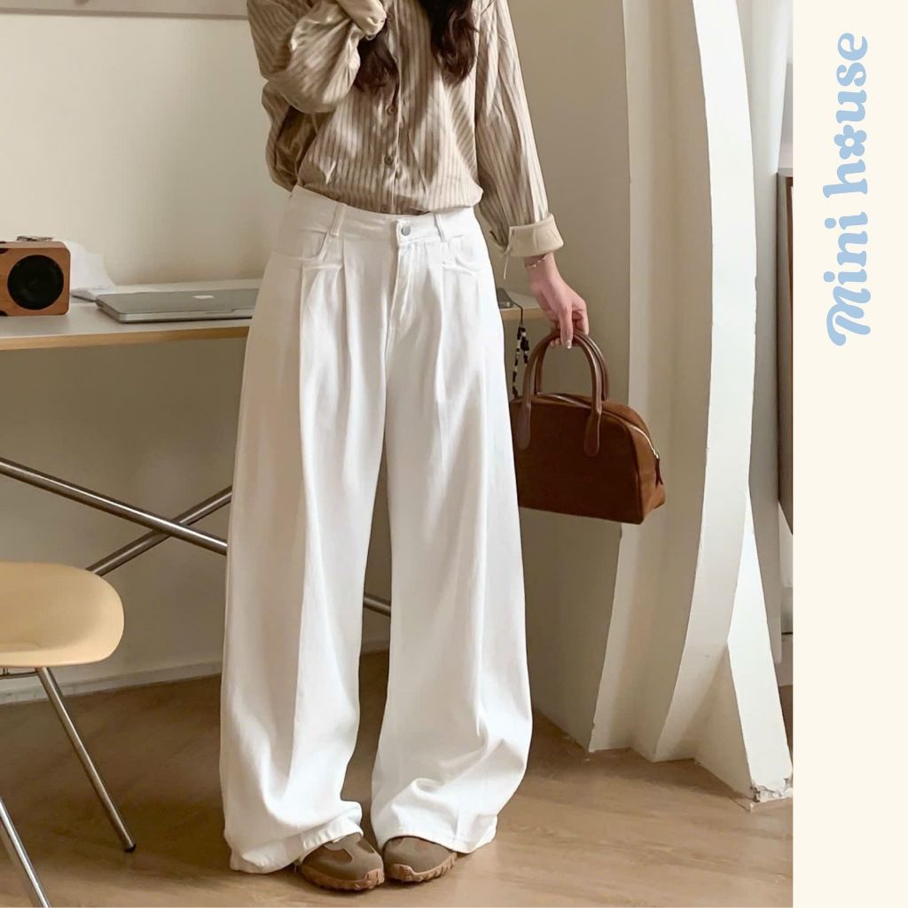𝐌𝐢𝐧𝐢 𝐇𝐨𝐮𝐬𝐞 - Quần kaki xếp ly trắng White Jeans form ống rộng cho nữ | BigBuy360 - bigbuy360.vn