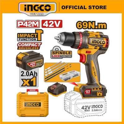 Máy khoan pin chính hãng 42V max INGCO CIDLI426981 69Nm kèm pin & sạc motor không chổi than