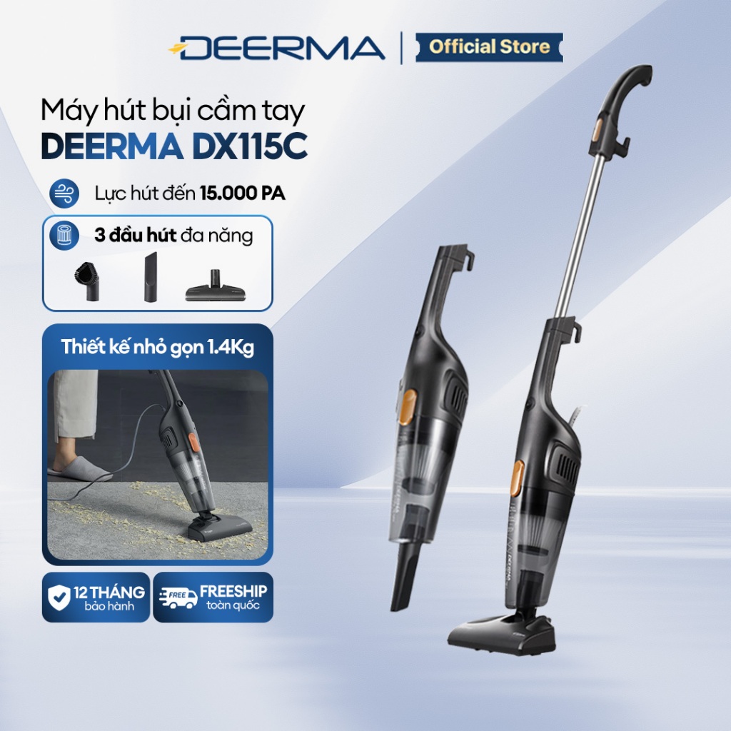Máy hút bụi cầm tay Deerma DX115C lực hút 15000Pa công suất 600W kèm 3 đầu hút đa năng chính hãng - 