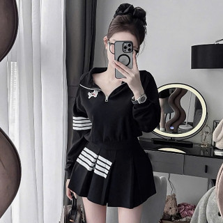 set áo chân váy,set đồ nữ sang chảnh,bộ thom thêu cún áo cổ khóa kéo chân váy xòe 2 màu xịn sò UD155