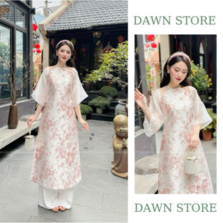  Áo dài cách tân dáng suông cổ yếm phối tay voan đính nơ xinh xắn. Chất liệu Gấm dệt hoa  cao cấp  Tặng kèm tag cài nơ  