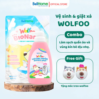Combo Nước giặt xả Wolfoo Hương trà trắng và Dung dịch vệ sinh bé gái Lucy BellHome Dịu nhẹ An toàn