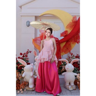 Set áo yếm hồng hoa nổi tua rua kèm chân váy lưng chun Ảnh thật/Sẵn