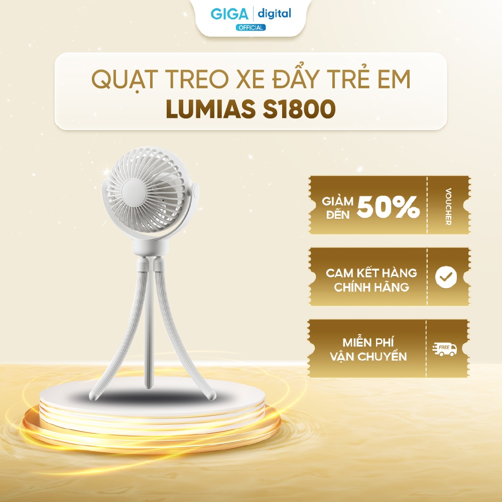 Quạt treo xe đẩy trẻ em Lumias S1800 - 1800mAh, 3 cấp độ gió - Chân đỡ linh hoạt - Êm ái, độ ồn thấp