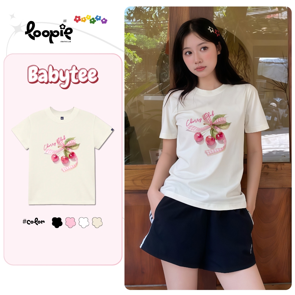 Áo Thun Nữ Baby Tee By Loopie Club BST51 Mã Cherry Kẻ Sọc Chất Cotton Thoáng Mát Phong Cách Hàn Quốc
