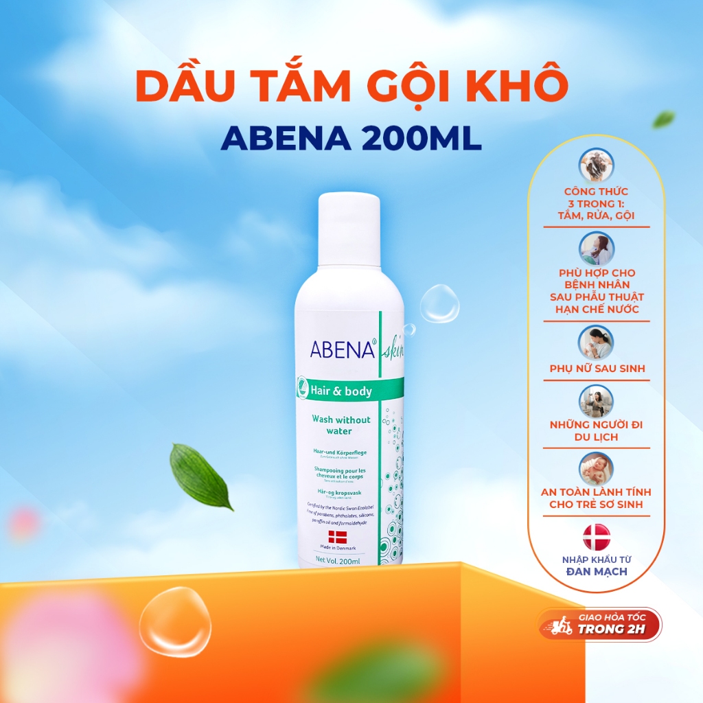 Dầu gội tắm khô không dùng nước Abena giúp làm sạch dịu nhẹ an toàn cho da - Nhập Khẩu Đan Mạch