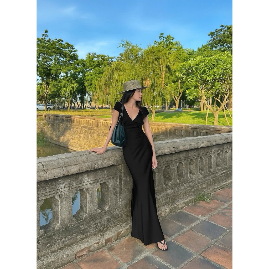 ĐẦM LỤA  có tay, nhún v1, có khóa kéo bên hông, dáng đuôi cá nhẹ, vải lụa tô châu ( Mã 7480 ) | BigBuy360 - bigbuy360.vn