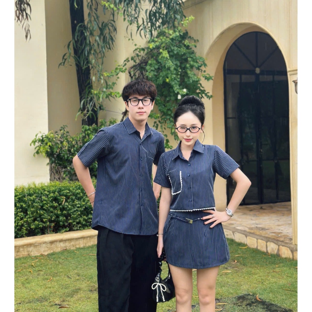 Đồ đôi sọc caro vintage _ Set đôi 3 món sơ mi nam+set nữ cá tính dễ thương