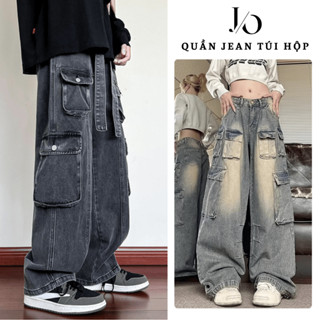 Quần Jean Nam TÚI HỘP Kèm Dây Đai Ống Rộng Phong Cách HIPHOP Quần Jean Túi Hộp Unisex Lưng Cao Cargo Pants JEAN