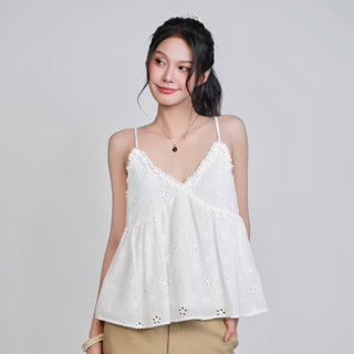 Áo 2 dây babydoll Rumin Miều Est.2013 trắng thêu hoa cúc dễ thương
