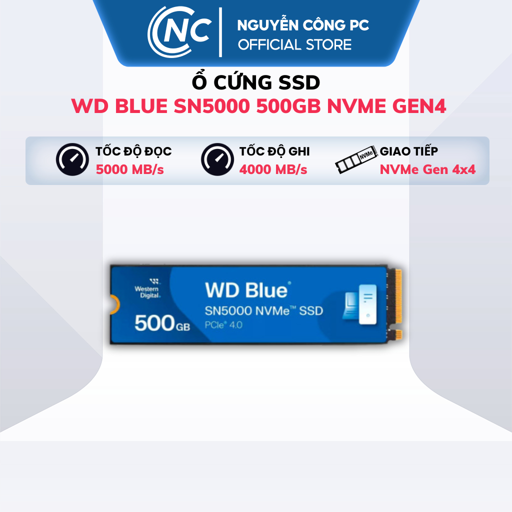 Ổ cứng SSD tốc độ cao WD Blue SN5000 500Gb NVMe PCIe Gen4x4 - New - Bảo hành 60 Tháng