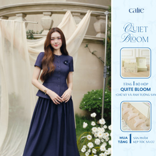 (QUIET BLOOM)  Áo cách điệu chất jean cổ tròn cài hoa, hoạ tiết tinh thế, thanh lịch thời trang nữ Calie AC498