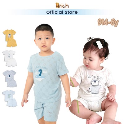 Bộ cộc tay thông hơi Arich cho bé , vải sợi tre thông hơi họa tiết tròn,siêu mát cho bé-Thương hiệu Arich