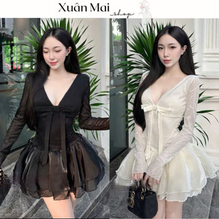 [FREESHIP-Kèm quần] Đầm mini ngắn xoè chữ A cổ sơ mi viền trắng đính nút chất xốp xịn hai màu đen/cacao