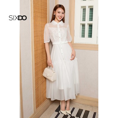 Đầm trắng tơ organza phối ren SIXDO (White Organza Flared Dress)