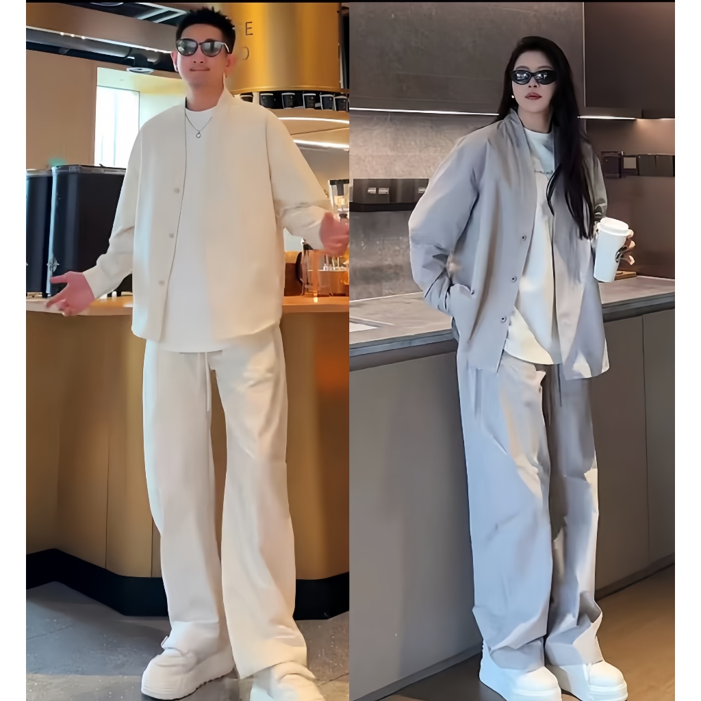Set Đồ Nam Nữ Unisex B11 – Áo Sơ Mi Dài Tay Cổ Hàn & Quần Dài Kaki Cao Cấp, Phong Cách Basic Trẻ Tru