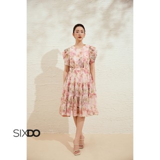  Đầm tơ organza hồng họa tiết hoa SIXDO  Light Pink Floral Organza Flared Dress  