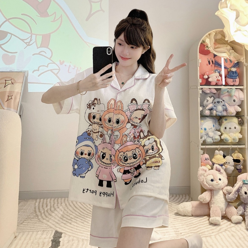 [bộ 3 món] Bộ ngủ LABUBU pijama đồ ngủ nữ cộc tay hoạ tiết dễ thương pyjama Bộ đồ ngủ 944