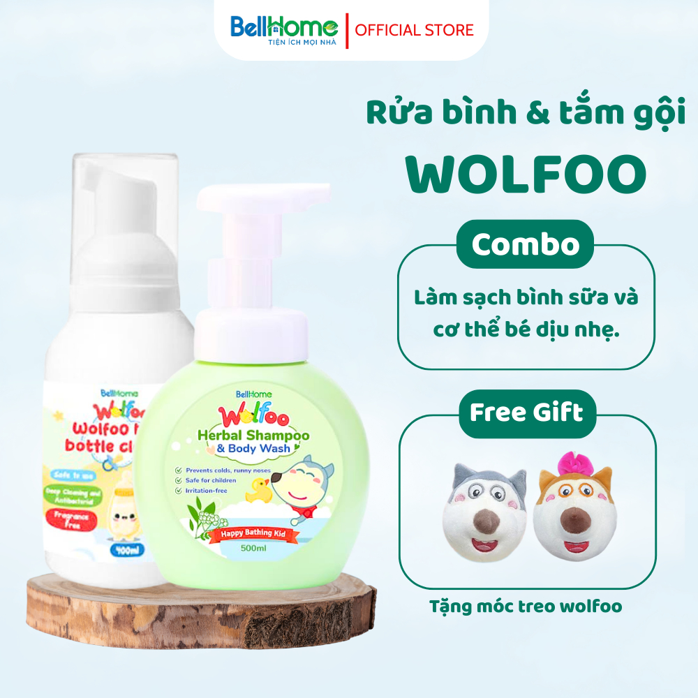 Combo bọt rửa bình sữa Wolfoo Baby BellHome và bọt tắm gội thảo dược cho bé Wolfoo Baby BellHome