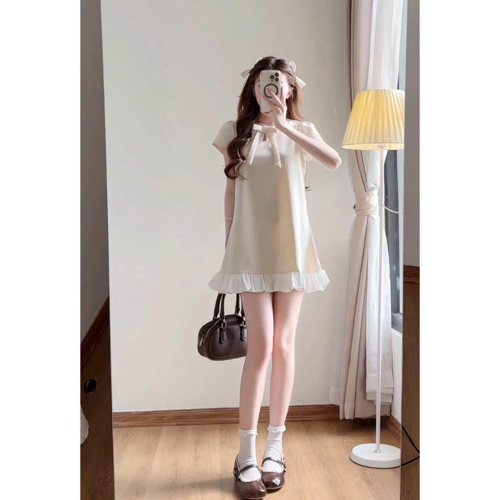 (Hàng Shop): Váy Linen Tay Cộc Đính Nơ Nhúm Bèo 4 Màu Dáng Xuông Siêu Xinh , Mẫu Bánh Bèo Tiểu Thư ,Váy Đi Cafe , Chơi | BigBuy360 - bigbuy360.vn