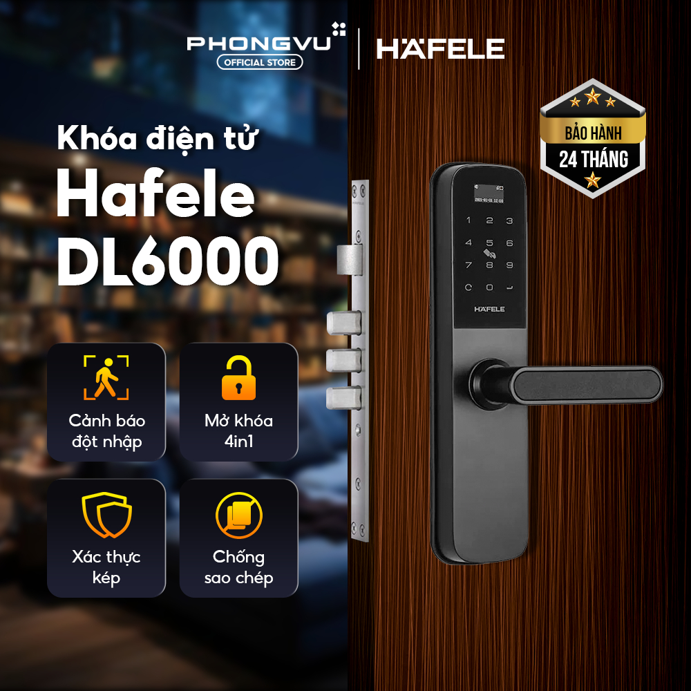 Khóa điện tử Hafele DL6000 - Mở khóa 4in1: Mã số, thẻ từ, App, Chìa cơ - Bảo hành 24 tháng
