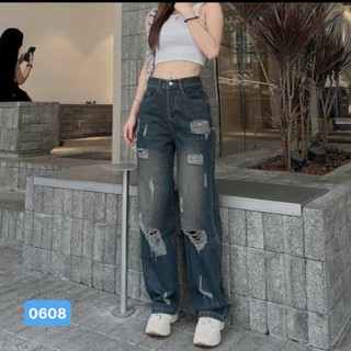  Quần rin baggy nữ suông màu xanh rách phong cách Ulzzang - Quần bò nữ ống rộng OBOKFASHION QBG0608 