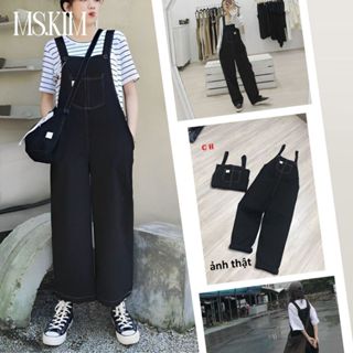 Quần yếm dài ống rộng đen túi trước thiết kế may chỉ nổi dáng basic quần ống suông dáng rộng đi chơi T61G 
