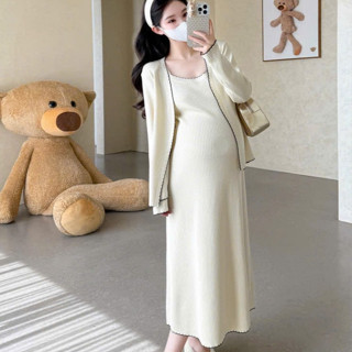 Set Đầm Bầu Cao Cấp Viền – 3 Màu Đen, Xám, Be Kèm Áo Khoác Ngoài |Thanh Lịch Cho Mẹ Bầu