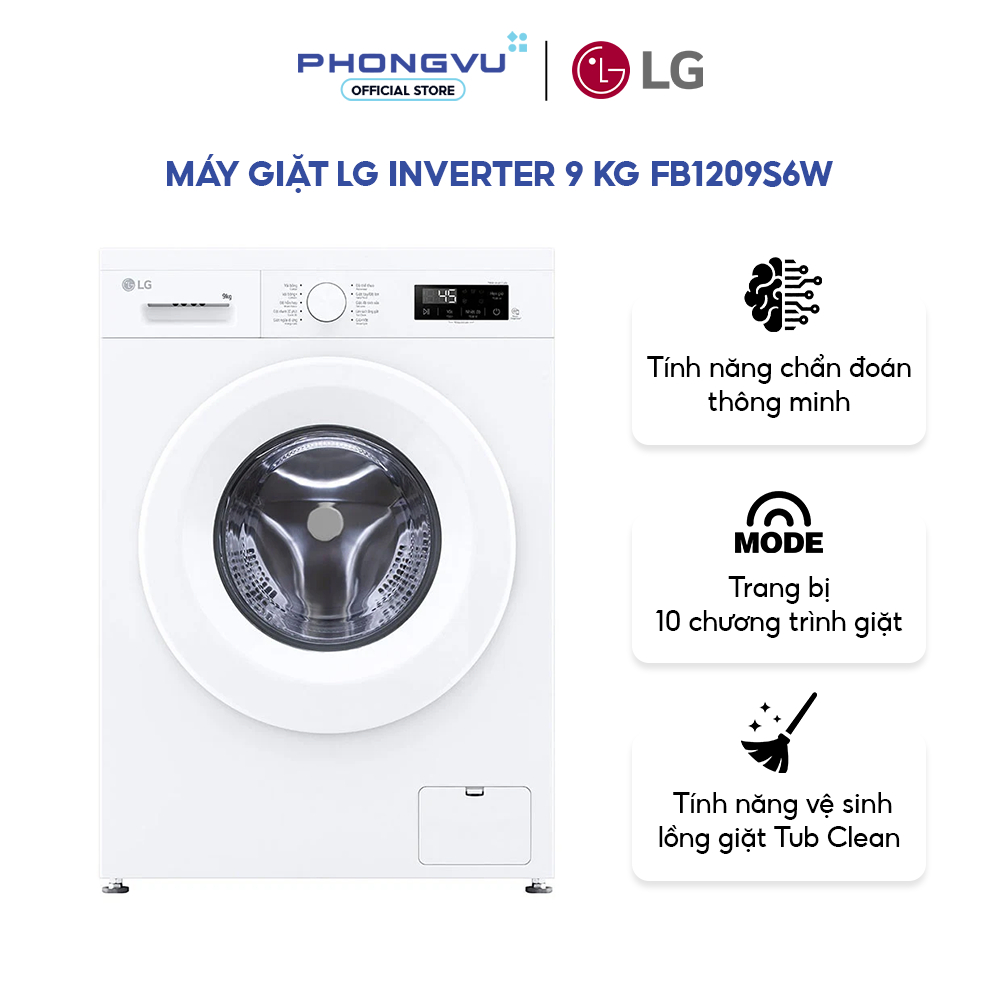 [Shopee Lắp Đặt 0Đ HN HCM]Máy giặt LG Inverter 9 Kg FB1209S6W - Cửa trước, Giặt hơi nước, Phù hợp 3-
