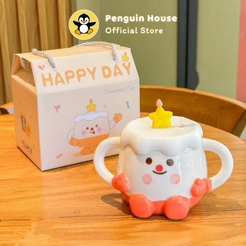 [Penguin] Quà tặng sinh nhật cốc sứ cute, cốc, ly sứ hình Bánh kem - Cốc uống nước cute 400ml