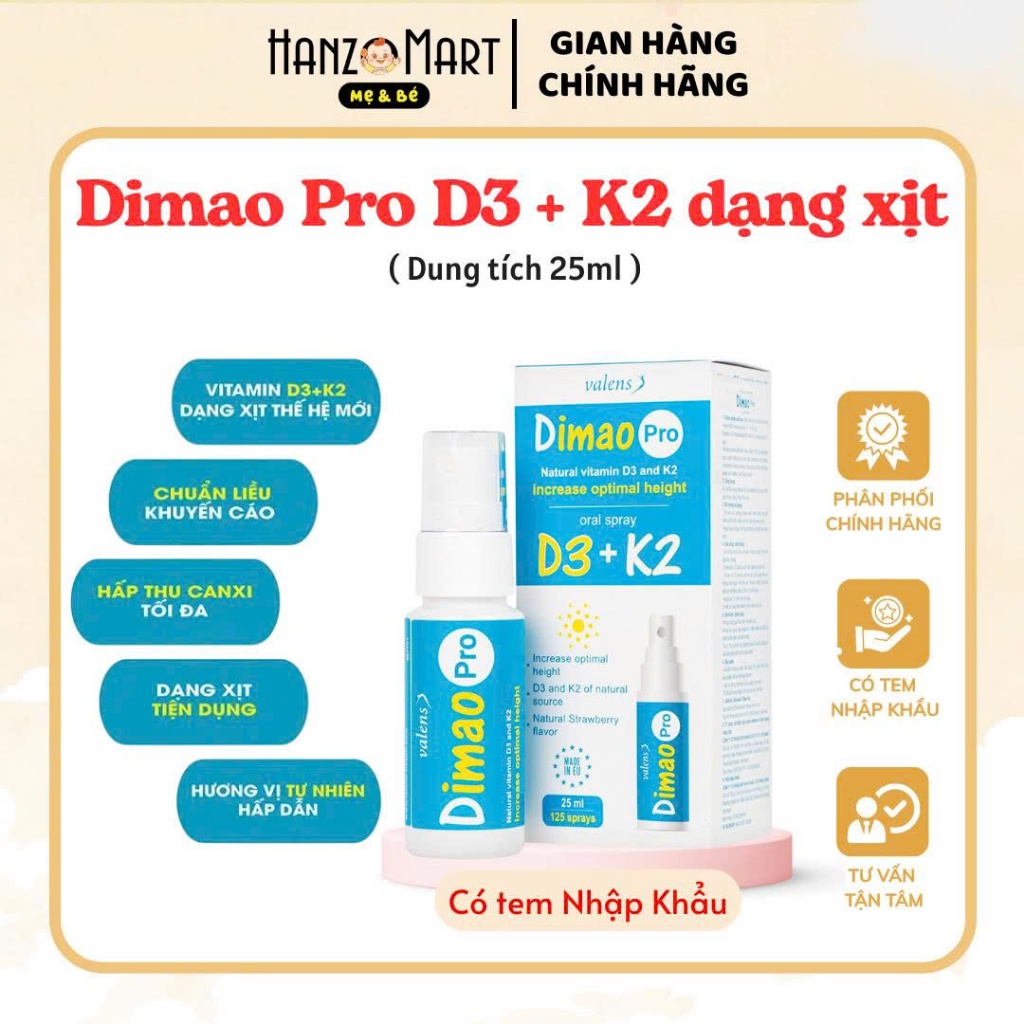 D3 K2 dạng xịt hỗ trợ tăng chiều cao Valens Dimao Pro Spray D3K2 25ml