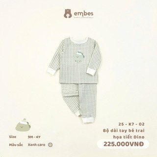  Bộ Quần Áo Thu Đông Embes Đồ Bộ Dài Tay In Hình Khủng Long Dino Chất Cotton Ấm Áp Cho Bé Từ 8-18Kg 