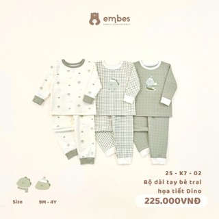 Đồ Bộ Thu Đông Embes, Bộ Quần Áo Dài Tay In Hình Khủng Long Dino Chất Cotton Ấm Áp Cho Bé Từ 8-18Kg