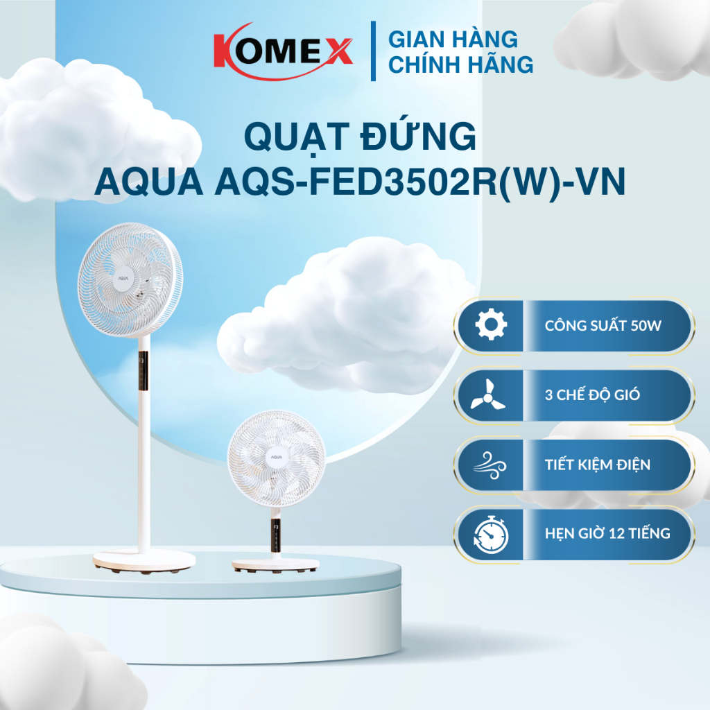 Quạt cây đứng Aqua AQS-FED3502R, FED3501R thân quạt máy cảm ứng, điều khiển từ xa, hẹn giờ 12 tiếng,