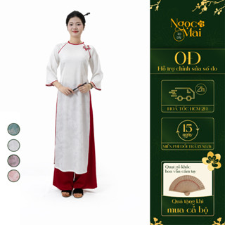 Áo dài cách tân Long Phụng dáng suông vải gấm tơ cổ tròn màu đính cúc hoa nơ tay lỡ- Áo dài Ngọc Mai